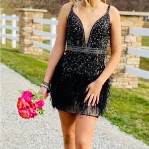 Jovani beaded and feathered dress